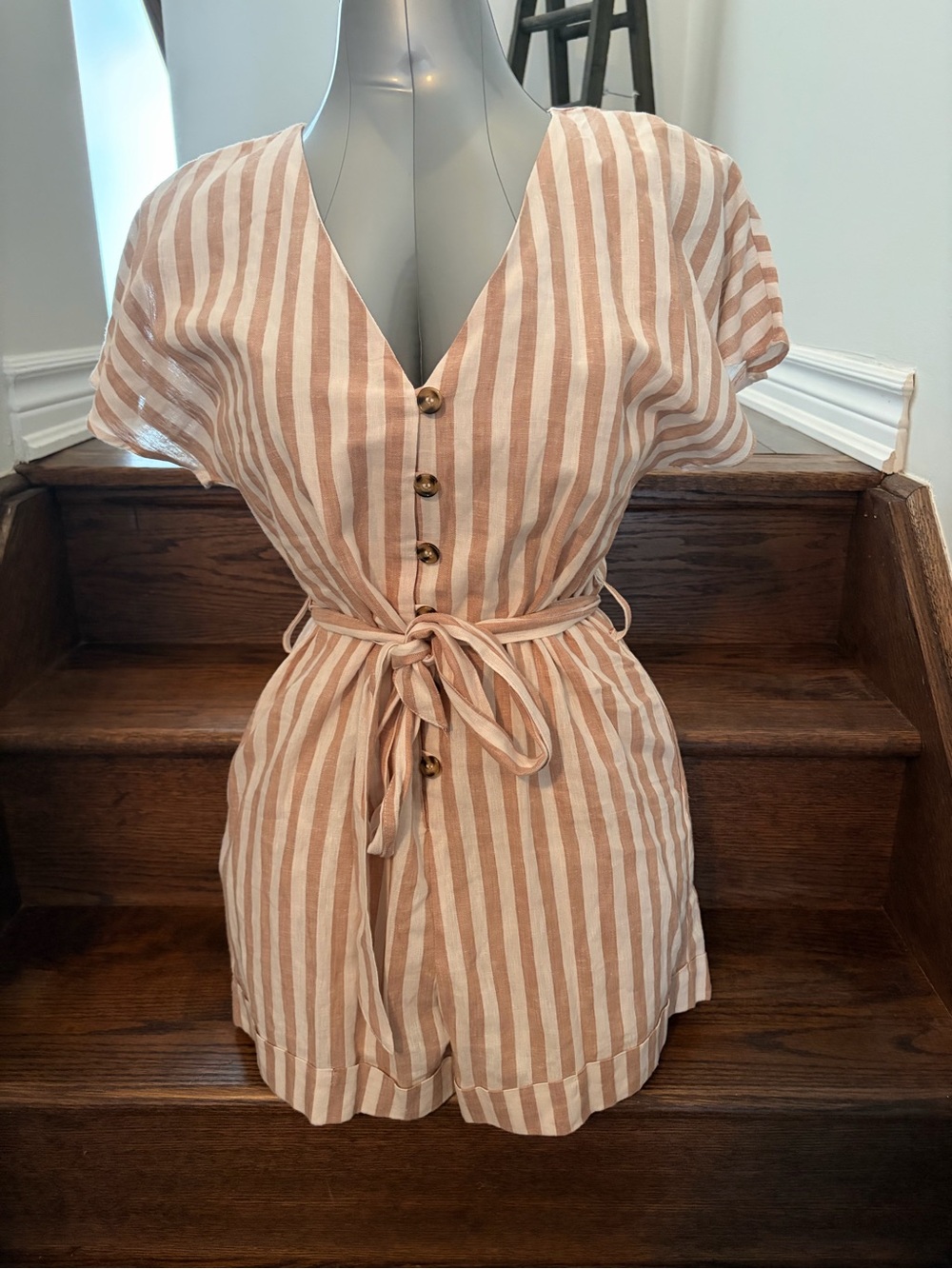 Striped Button-Front V-Neck Romper in Dusty Pink and White